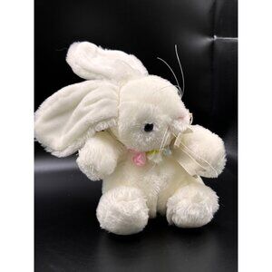 Commonwealth White Plush Bunny Rabbit Stuffed Animal Flowers Collar Bow Vtg RARE
